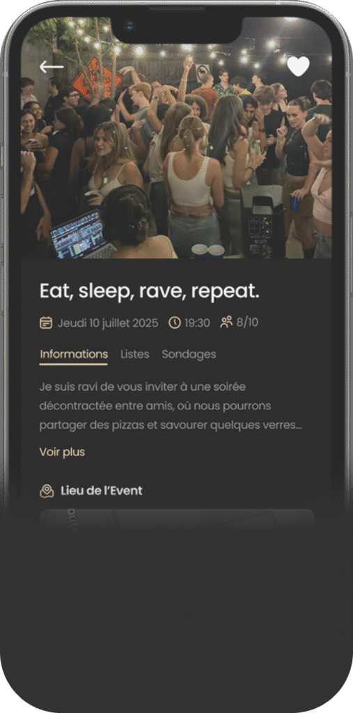 Aperçu de l'application Bincher sur smartphone, l'outil idéal pour organiser toutes vos soirées